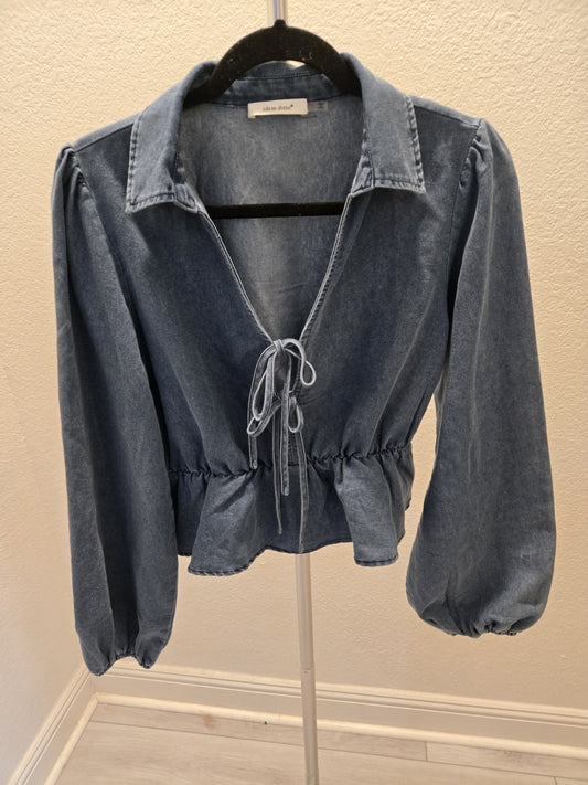 Idem Ditto S Tie Front Crop Denim Top Womens Long Puff Sleeve Peplum Blue