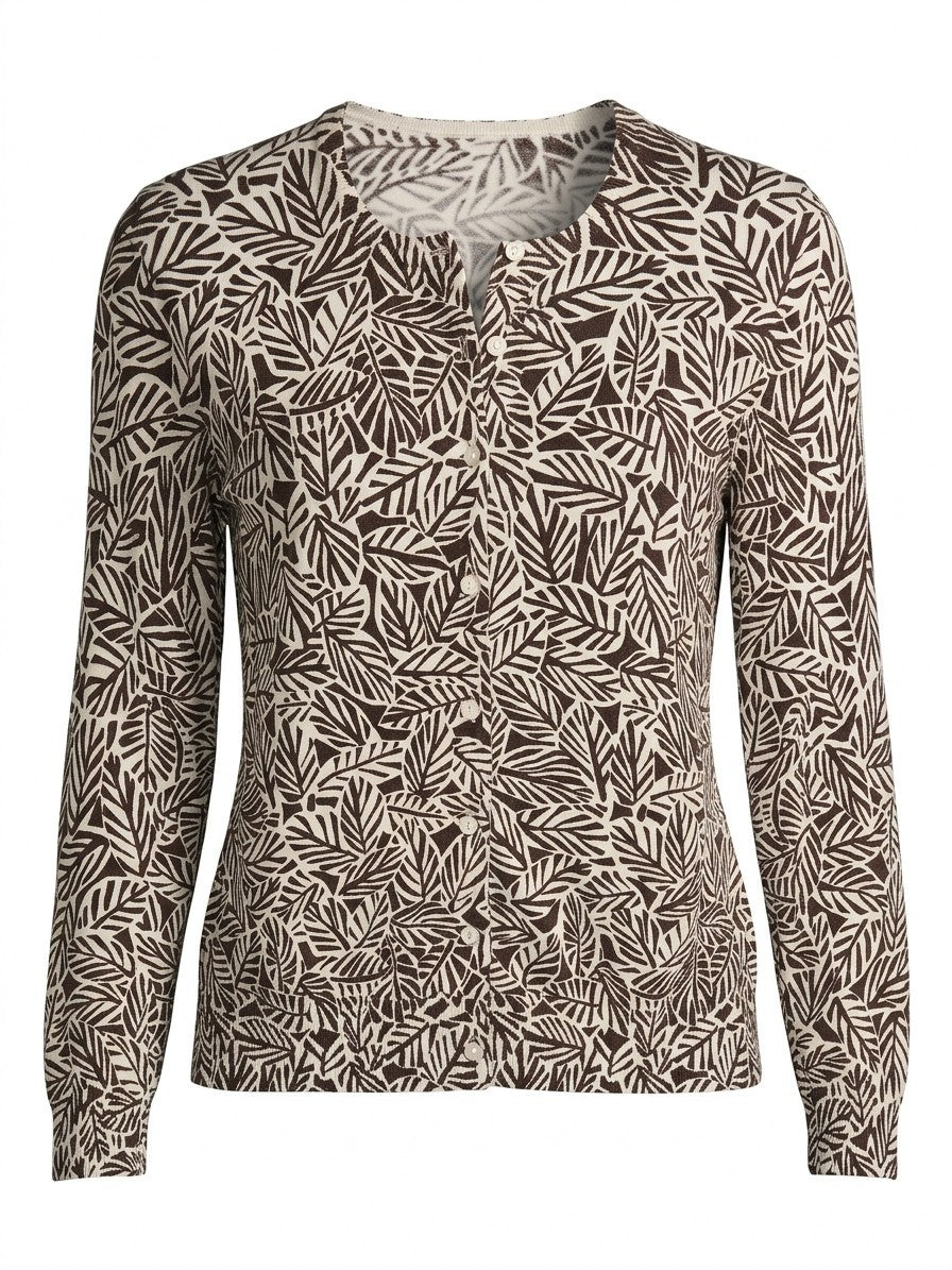 Lands End Cardigan Y2K Sweater Womens MP Botanical 10 12 Leaf Print Knit Brown