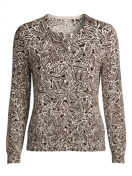 Lands End Cardigan Y2K Sweater Womens MP Botanical 10 12 Leaf Print Knit Brown