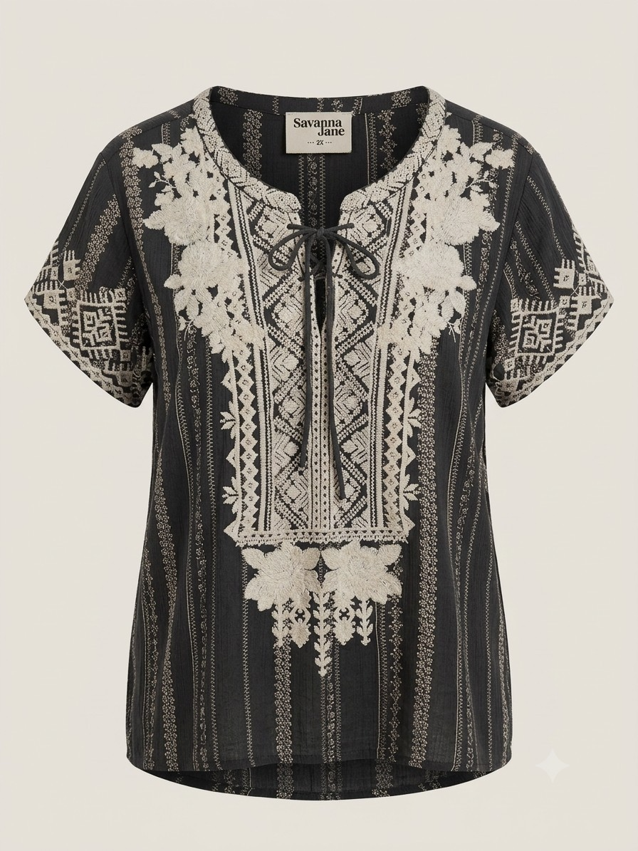 Savanna Jane 2X Charcoal Black Embroidered Lace Up Peasant Blouse Top Women