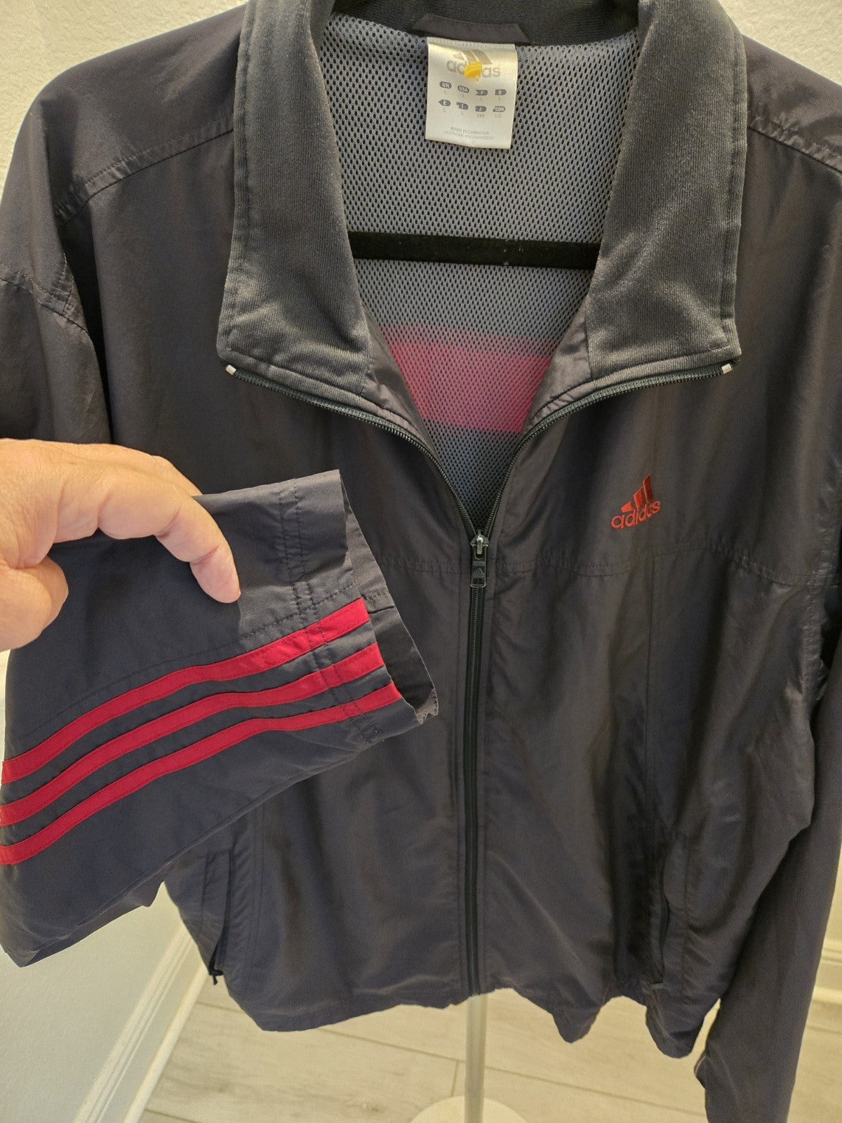 Adidas Windbreaker Track Jacket Mens Navy Blue Red 3 Stripe Full Zip Mesh