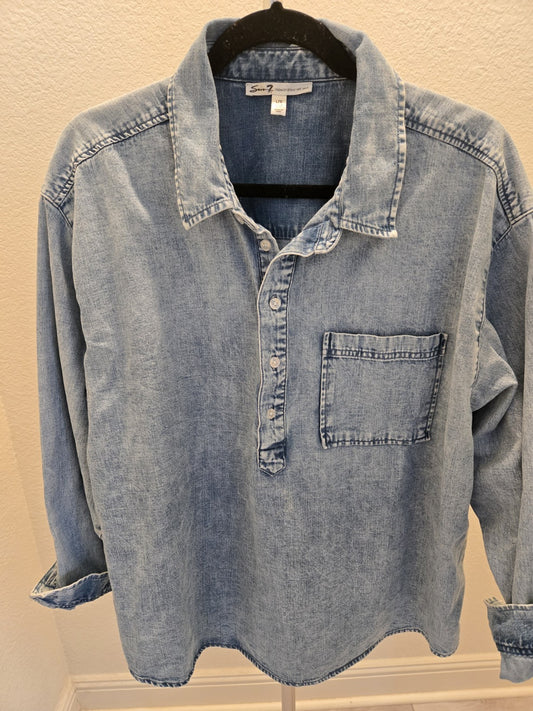 Seven 7 L Denim Henley Shirt Blue Relaxed Fit Long Sleeve Pullover Womens Top