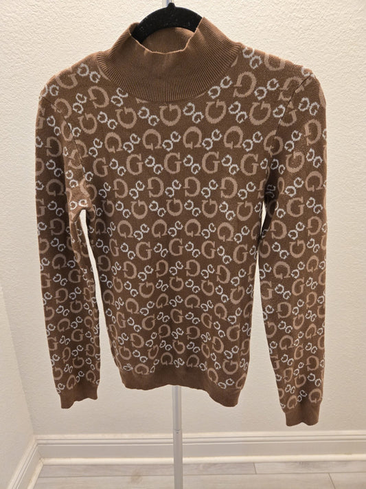 Guess XL Brown Monogram G Logo Mock Neck Long Sleeve Sweater Women Stretch Knit