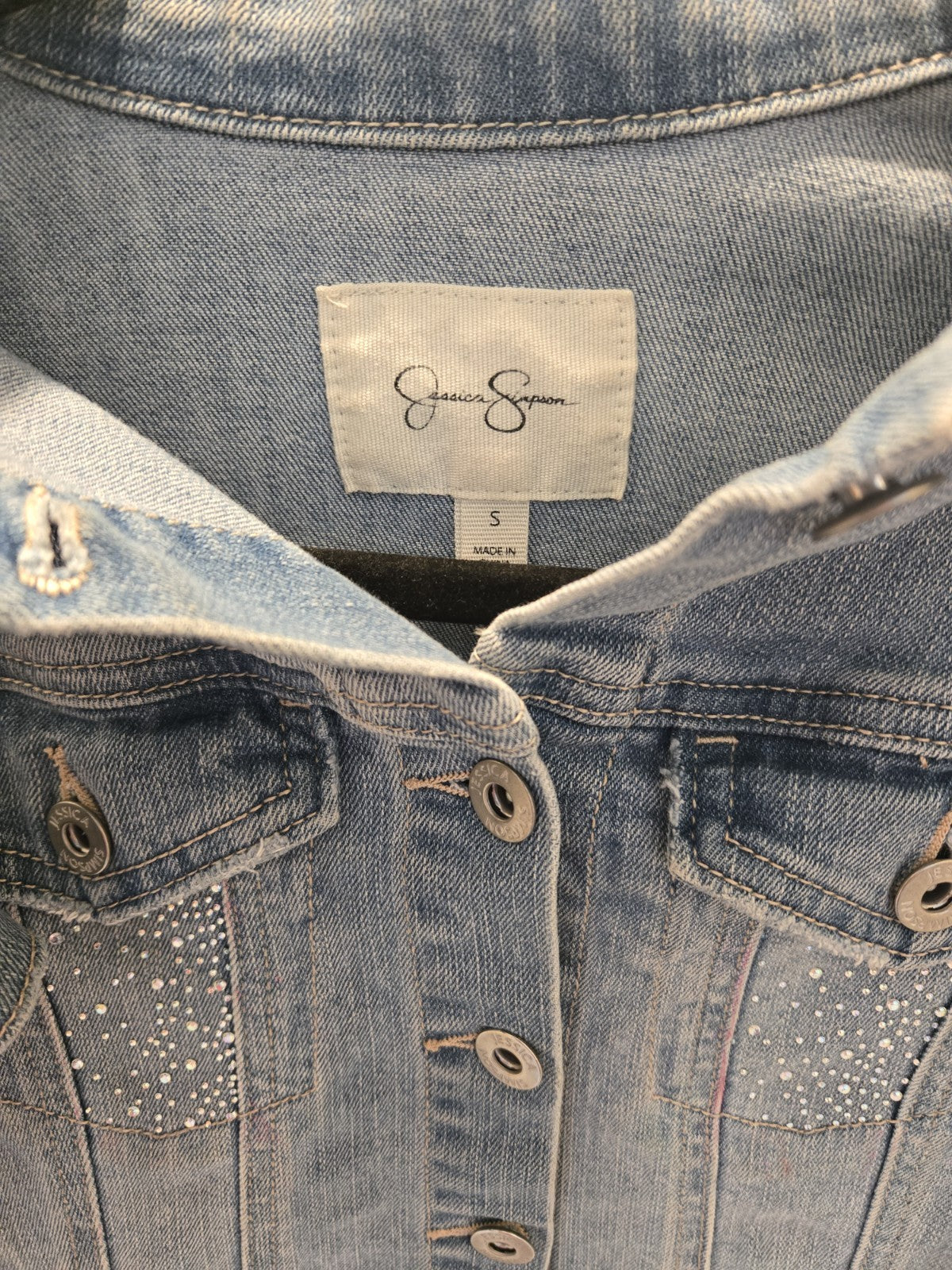 Jessica Simpson S Rhinestone Denim Jacket Womens Bling Stretch Jean Y2K Style