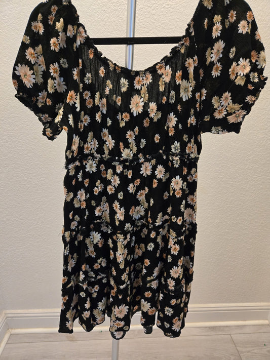 Wild Moss L Daisy Floral Tiered Babydoll Mini Dress Womens Puff Sleeve Black