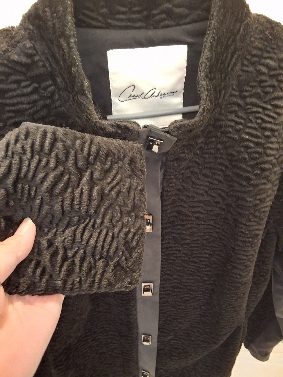 Carol Anderson M/L Faux Astrakhan Fur Jacket Textured Stand Collar Dk Academy