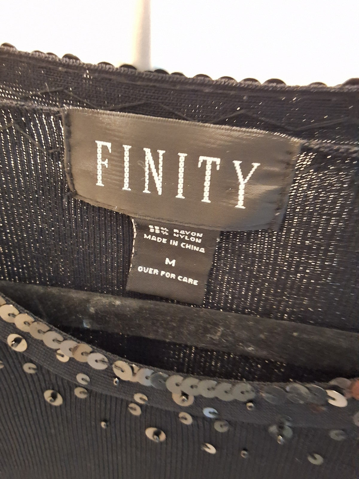 FINITY Size M Vintage Black 3/4 Sleeve Stretchy Top Sequin Neckline Womens Glam