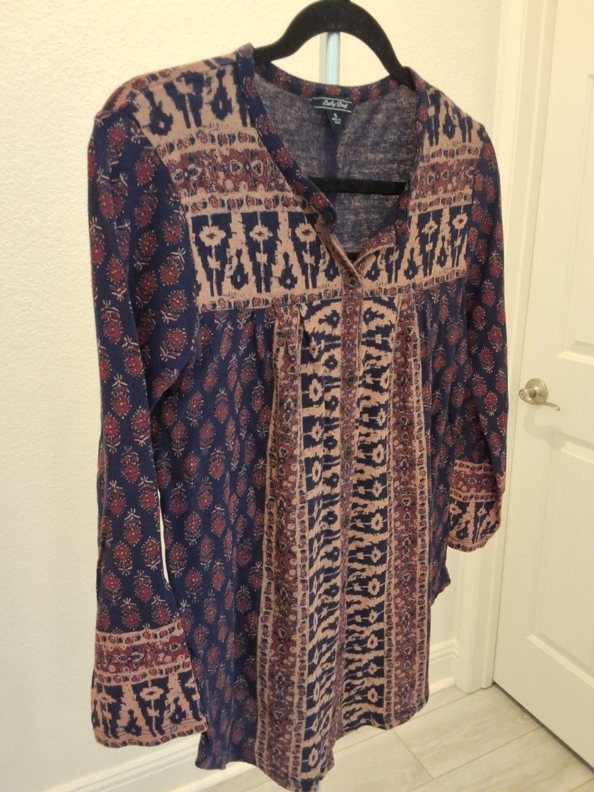 Lucky Brand Blue Boho Red Beige Print Long Sleeve Top Size S Womens