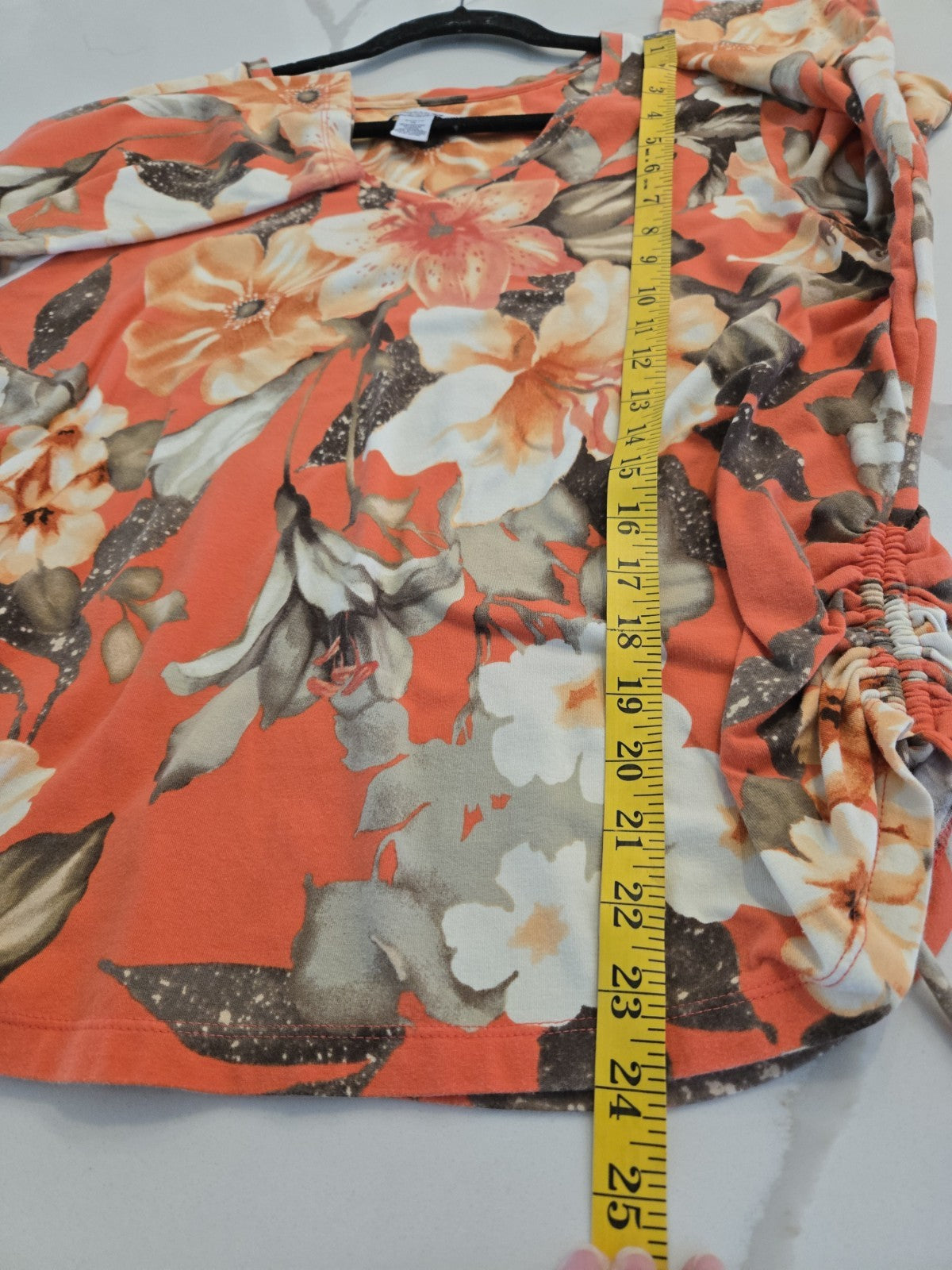 Caribbean Joe 1X Orange Tropical Floral Tunic Top Ruched Side Drawstring V-Neck