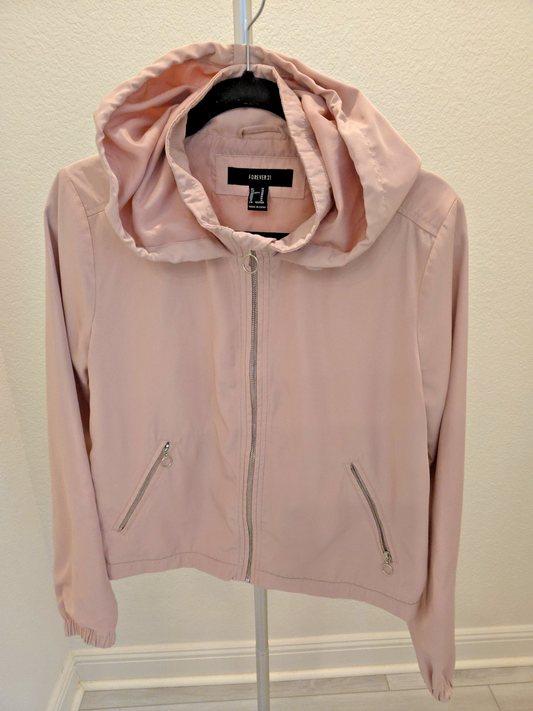 Forever 21 Blush Pink Hooded Y2K Bomber Jacket Windbreaker Ring Zip Lined Crop M