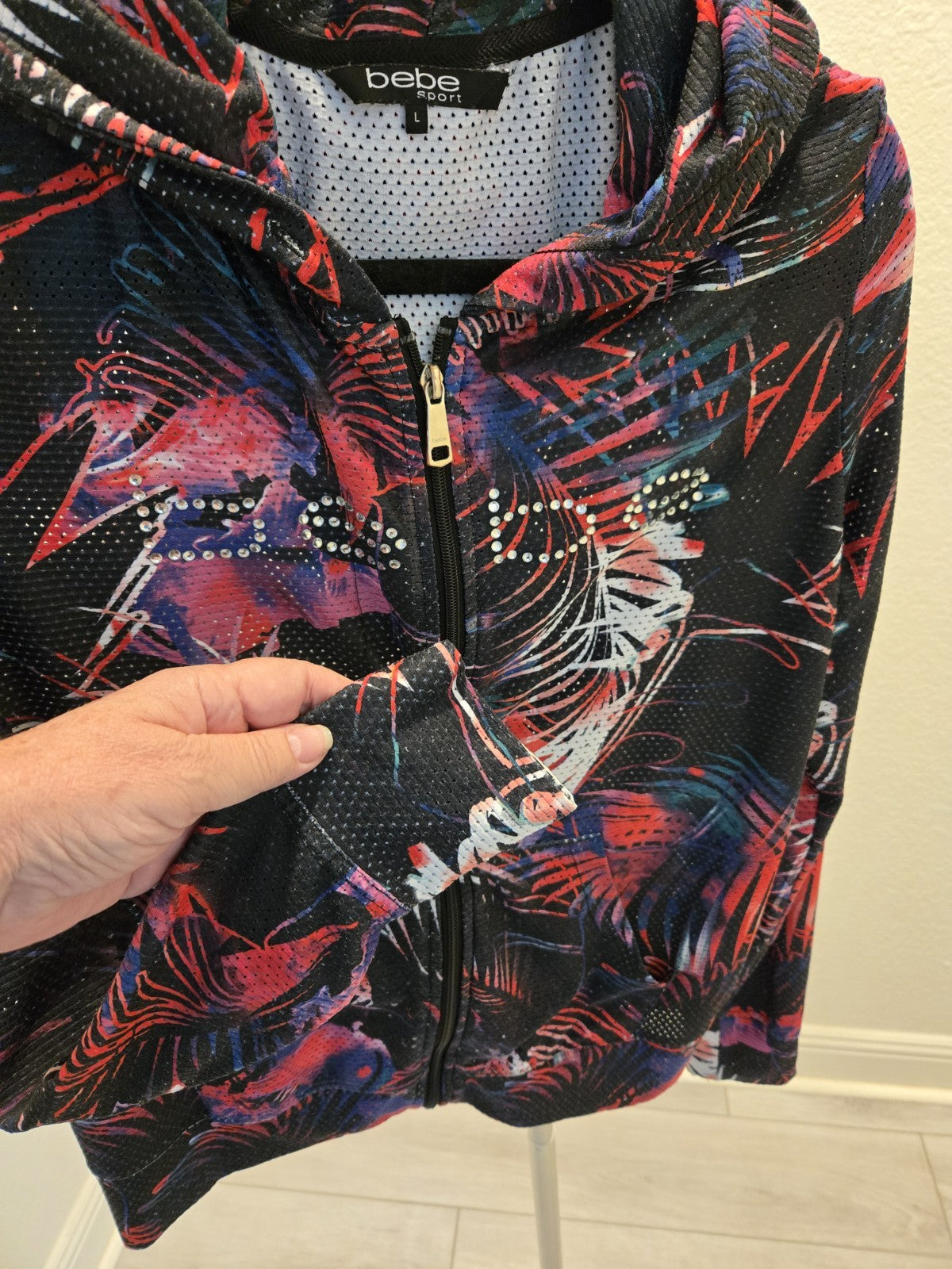 Bebe Sport Rhinestone Logo Mesh Zip Up Hoodie Y2K McBling Tropical Women's L