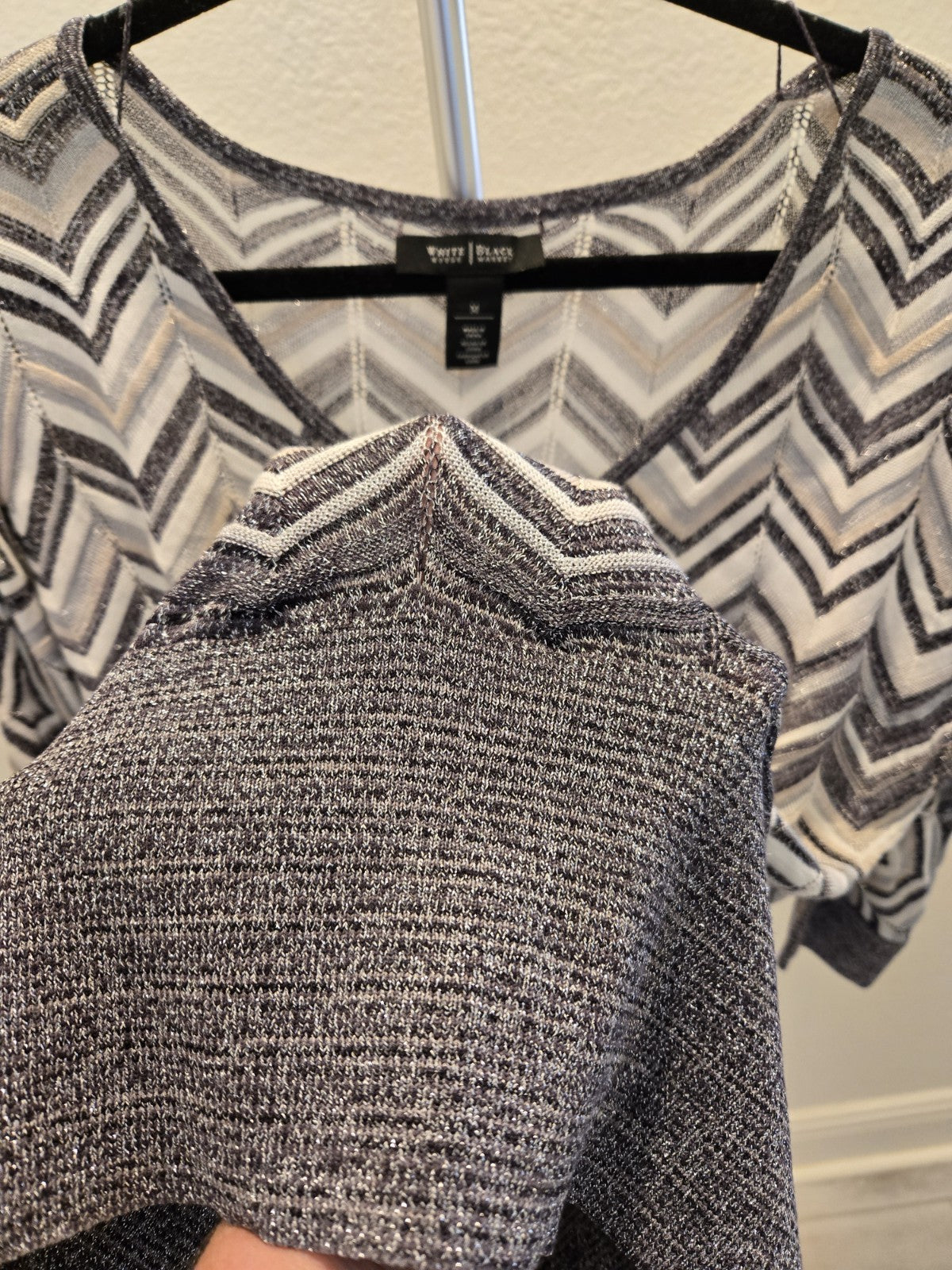 WHBM Metallic Chevron Knit Sweater M Gray Silver Shimmer V-Neck Dolman Y2K