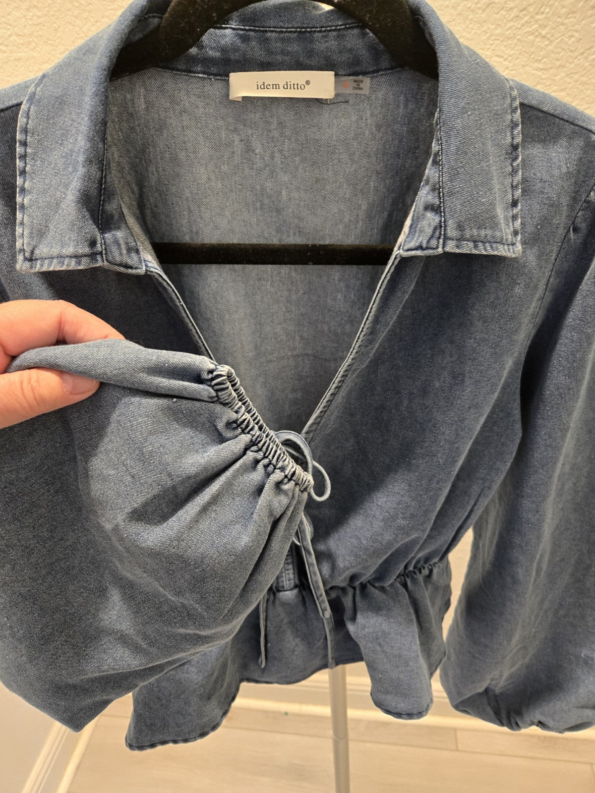 Idem Ditto S Tie Front Crop Denim Top Womens Long Puff Sleeve Peplum Blue