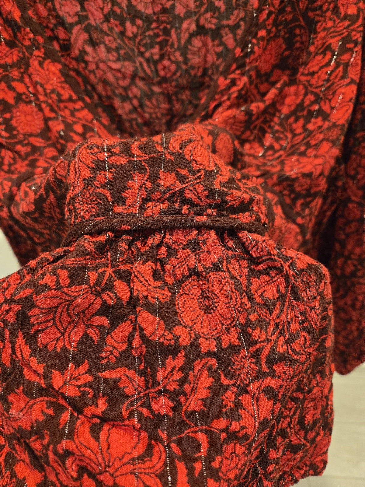 Knox Rose XL Floral Faux Wrap Blouse Womens Red Black Metallic Lurex Peplum Top