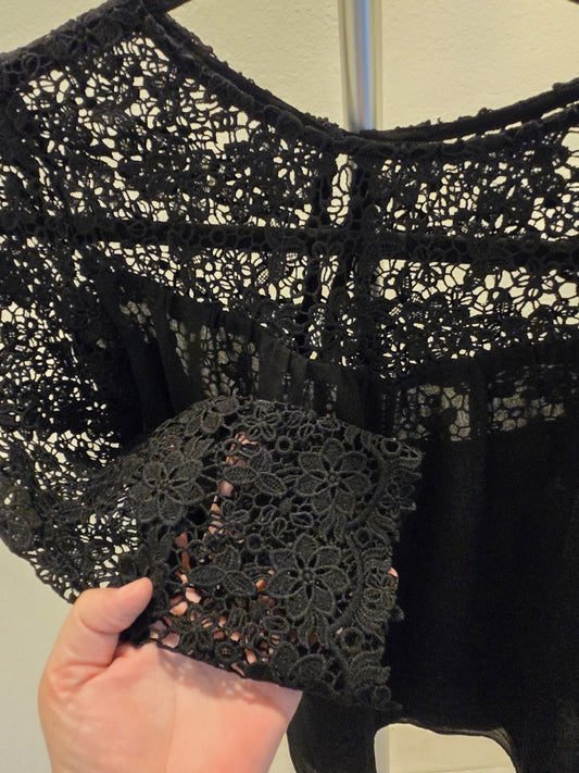 Mustard & Co. M Lace Blouse Womens Black Sheer Floral Yoke 3/4 Sleeve Top