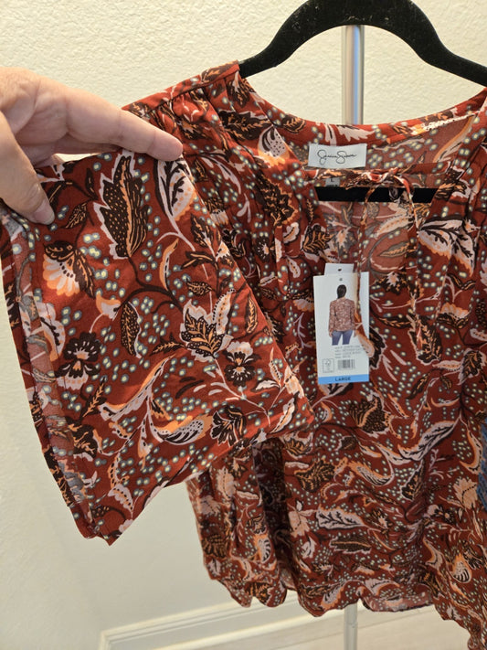 Jessica Simpson L NWT Leslie Boho Blouse Rust Paisley Keyhole Tie Neck $69.50