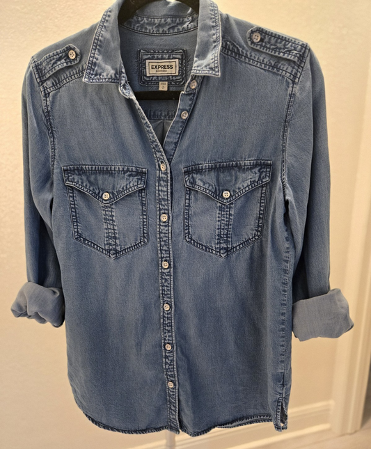 Express Boyfriend Chambray Small Denim Shirt Womens Button Down Dark Blue