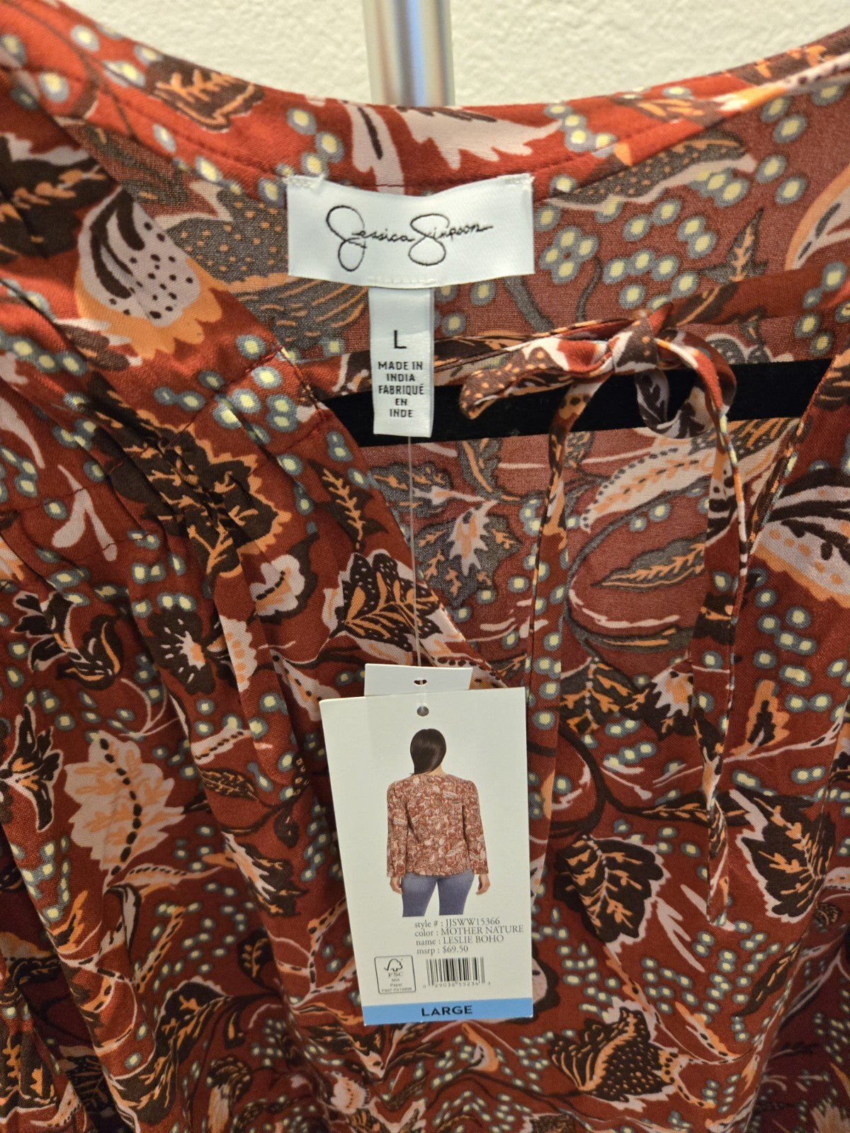 Jessica Simpson L NWT Leslie Boho Blouse Rust Paisley Keyhole Tie Neck $69.50