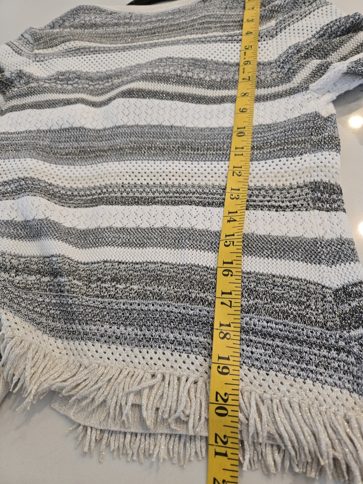 White House Black Market S Gray Striped Open Knit Metallic Fringe Cardigan