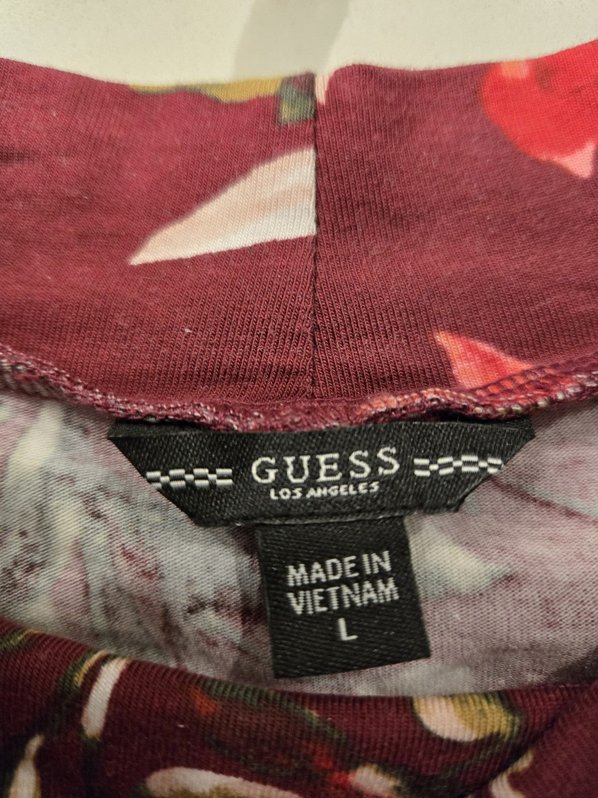 GUESS Los Angeles Large Floral Lilou Cutout Bell Sleeve Top Burgundy Mock Neck