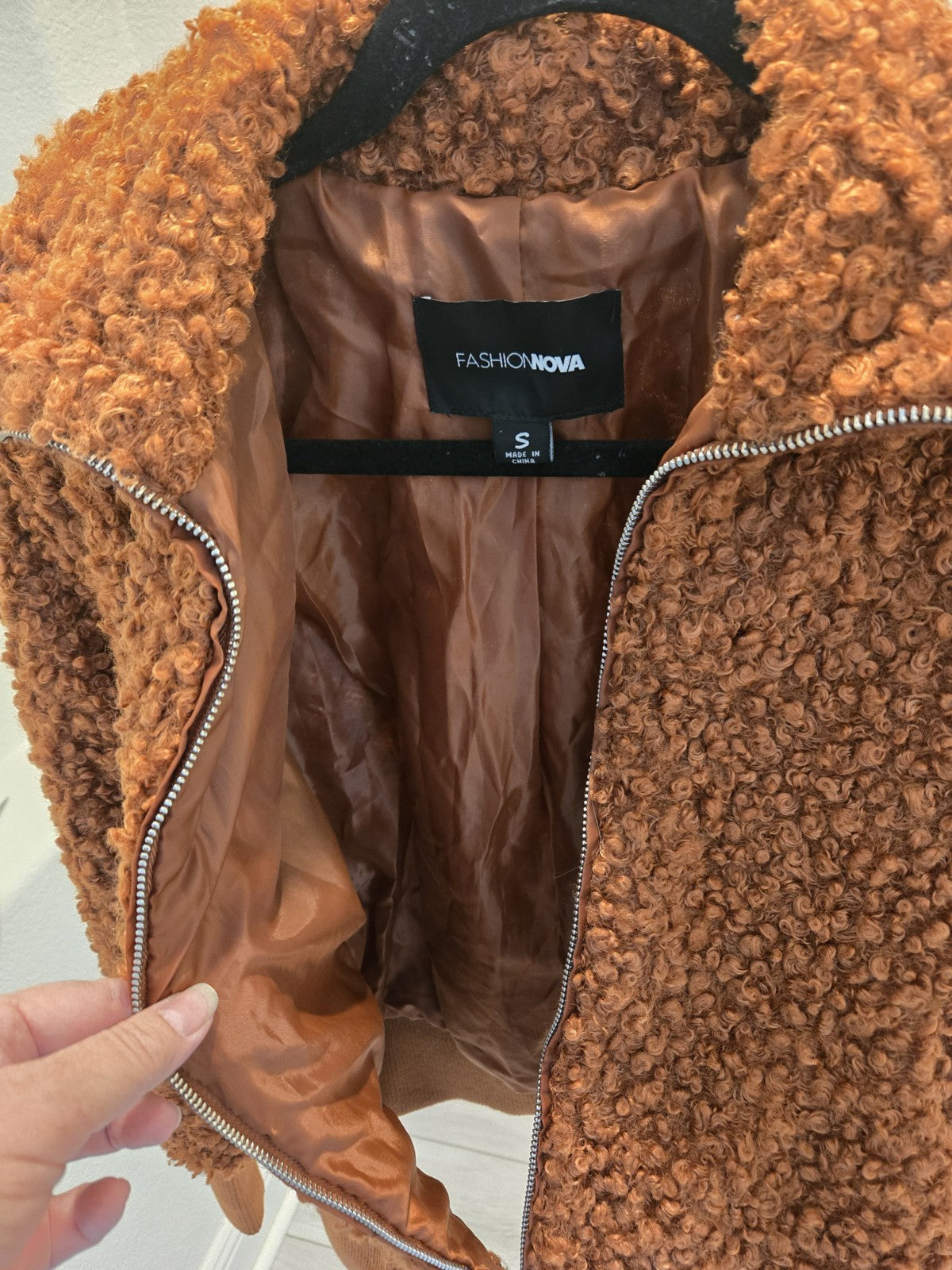 Fashion Nova S Teddy Bear Bomber Jacket, Cozy Fleece Shearling Zip-Up, Brown