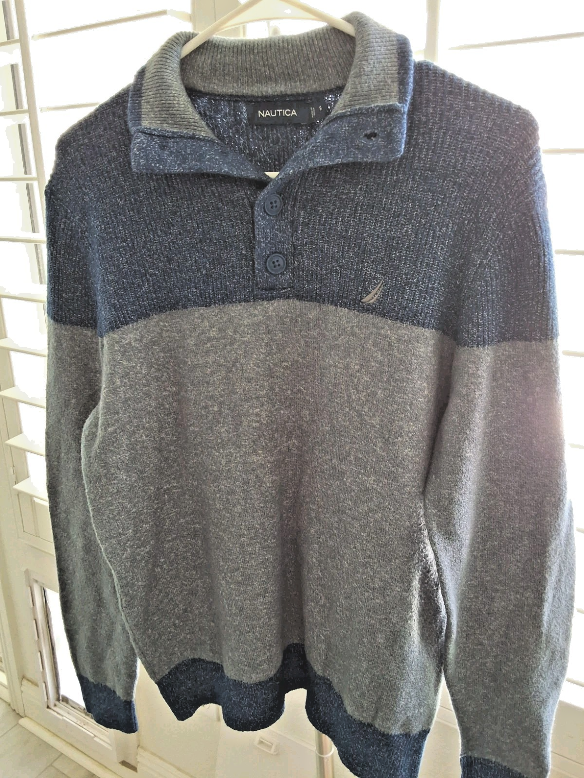 Nautica Sweater Blue Grey Colorblock Button Mock Neck Pullover  Mens S