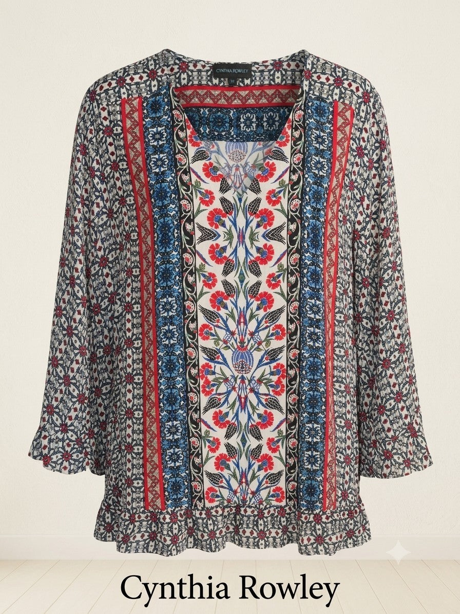 Cynthia Rowley 3X Bohemian Medallion Blouse Womens Multicolor Ruffle Peasant Top