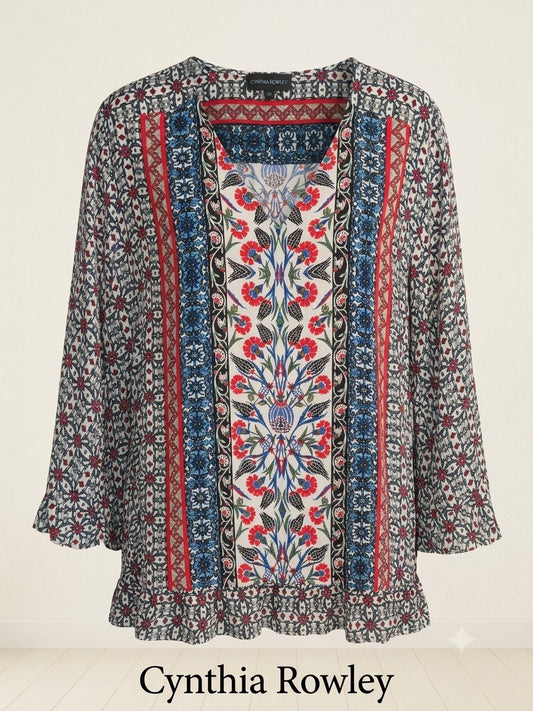 Cynthia Rowley 3X Bohemian Medallion Blouse Womens Multicolor Ruffle Peasant Top