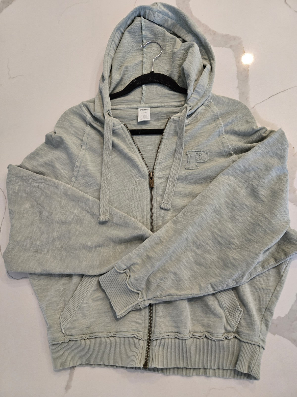 PINK Victoria Secret M Sage Green Distressed Zip Up Hoodie Raw Seam Y2K