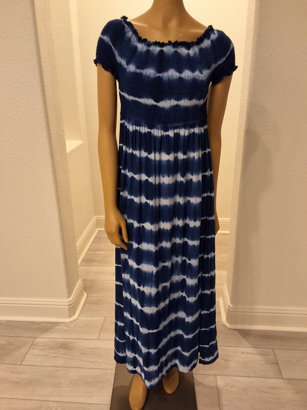 Ellen Weaver S Tie Dye Maxi Dress Smocked Bardot Off Shoulder Blue White Y2K