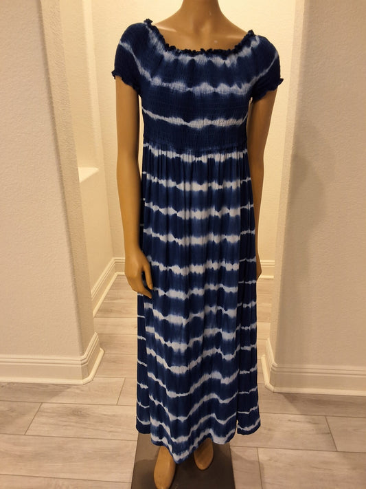 Ellen Weaver S Tie Dye Maxi Dress Smocked Bardot Off Shoulder Blue White Y2K