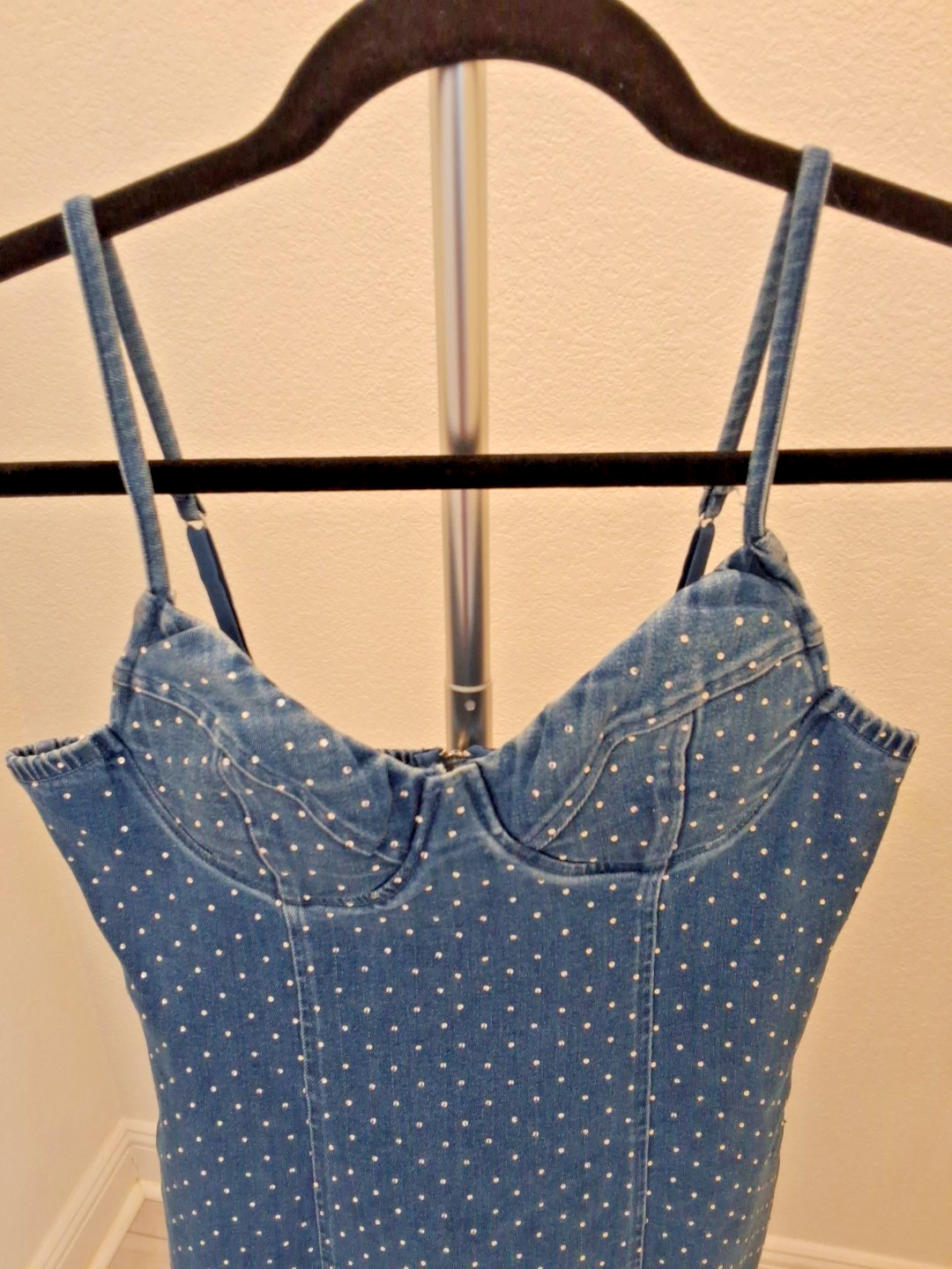 IRIS Polka Dot Denim Sleeveless Zip Size M Jewel Cubic Jean Bodycon