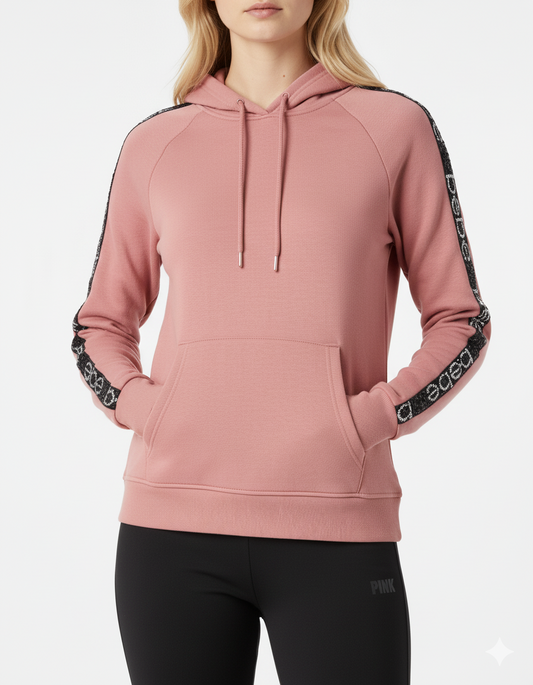 Bebe Sport Womens L Sequin Pink Pullover Hoodie Sweatshirt Thumbholes Dusty Rose