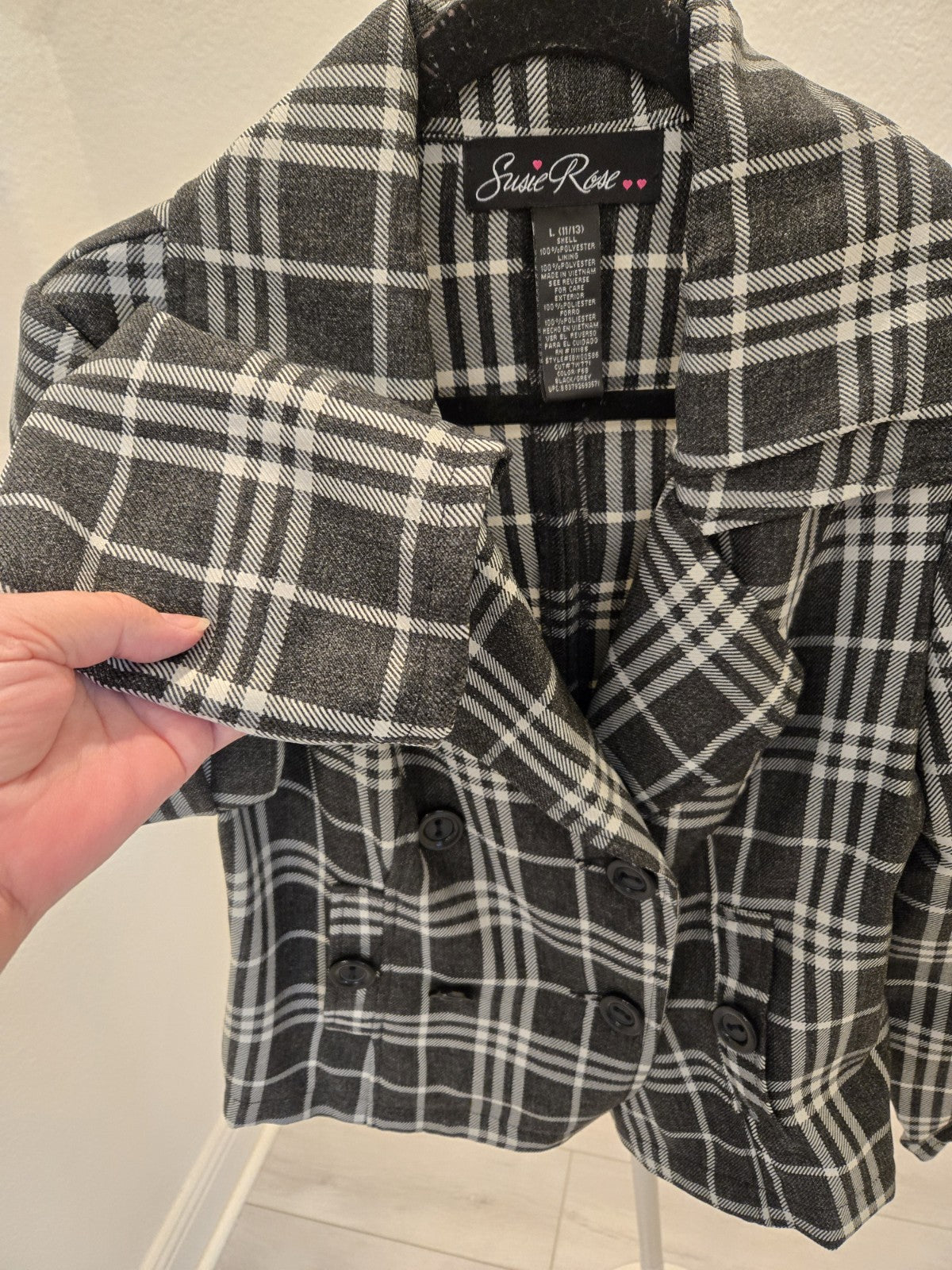Susie Rose L Dark Academia Plaid Peacoat Cropped Double Breasted Quiet Luxury
