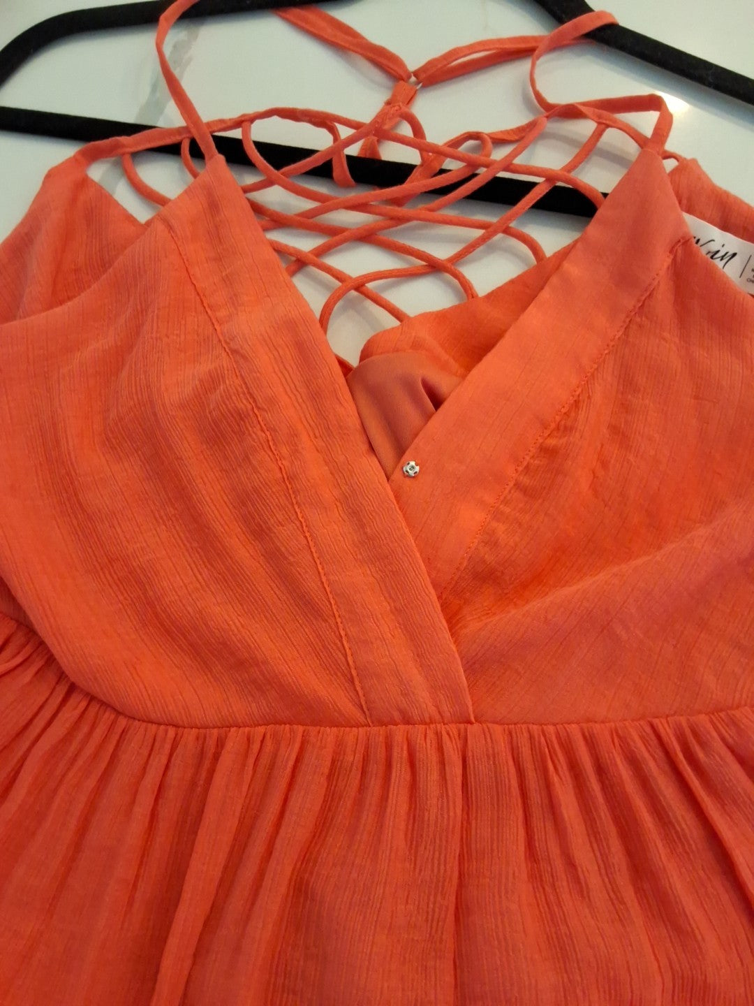 New In Wrinkly Fabric Style Orange Cotton Babydoll Strappy Size L Dress NEW