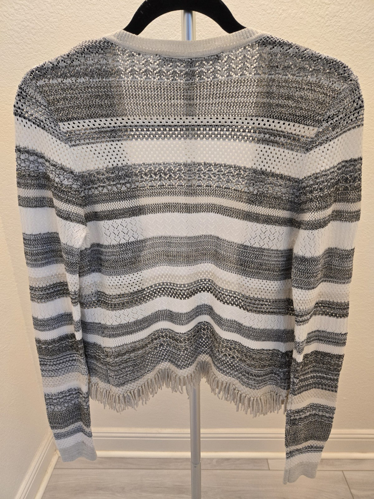 White House Black Market S Gray Striped Open Knit Metallic Fringe Cardigan