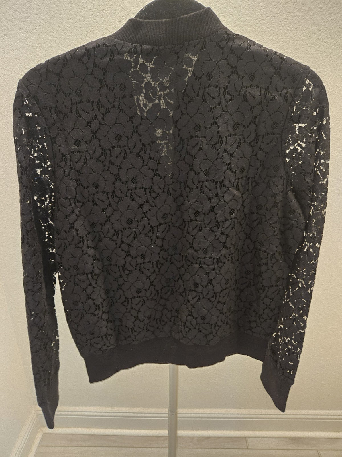 G By Guess M Black Floral Lace Full Zip Bomber Jacket Women Ribbed Trim
