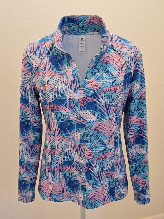 Kyodan Golf XL Blue Pink Tropical Palm Print Long Sleeve V Neck Pullover Women