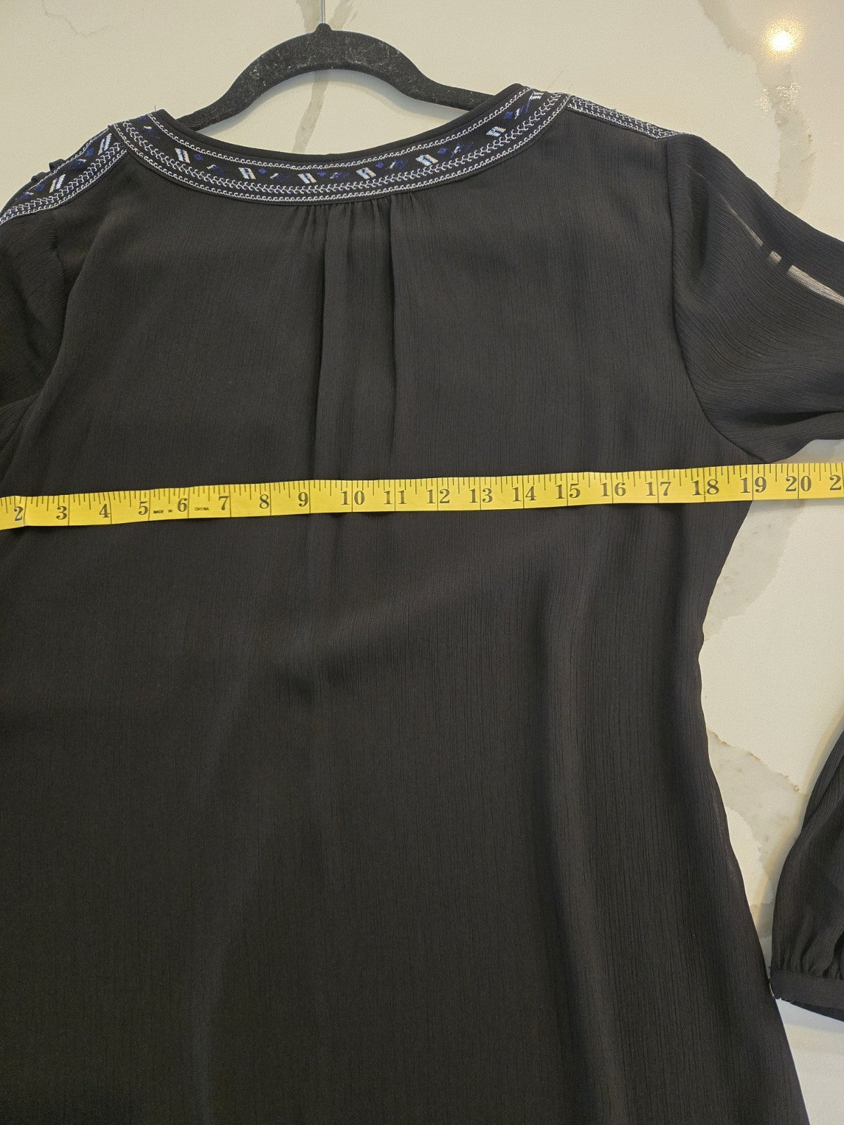 White House Black Market Embroidered New Black w/Tassel Tie Round Neck  Top Sm 8