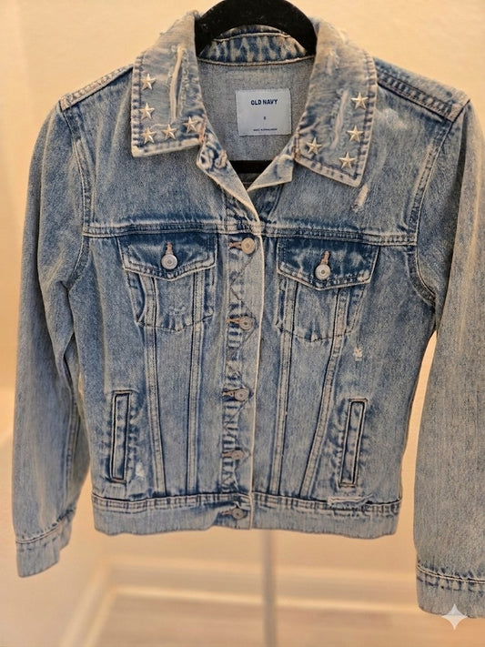 Old Navy Star Studded Collar Fray Denim Trucker Classic Jean Jacket Women’s L