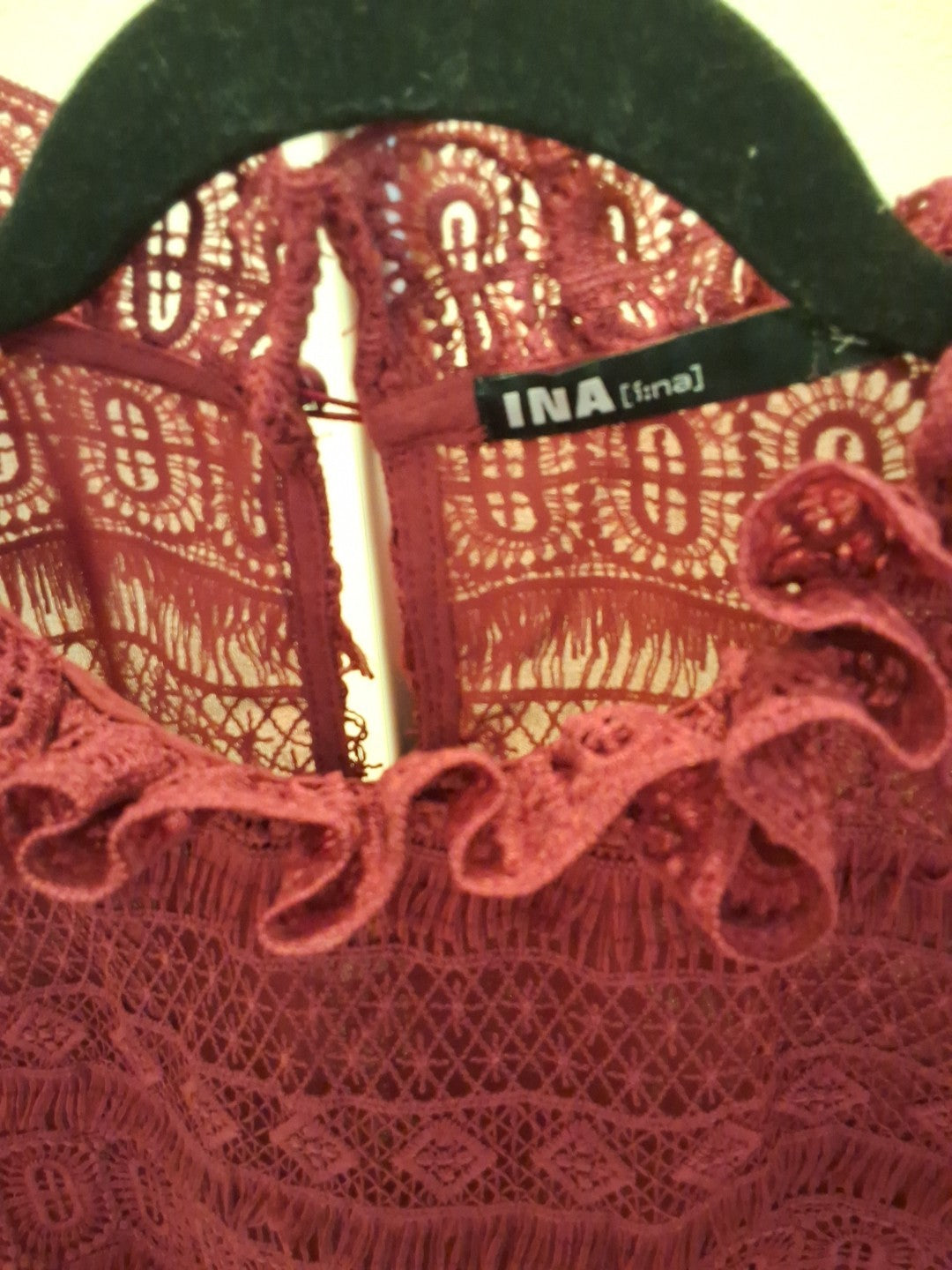 INA Sheer Lace Victorian Ruffle Mock Neck Blouse Top  XS Women Maroon