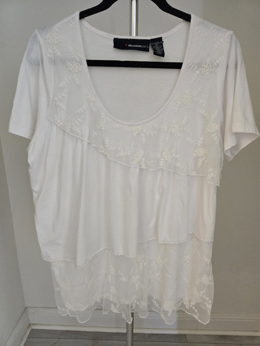 Denim 24/7 Medium White Embroidered Mesh Layered Tiered Ruffle Top Short Sleeve