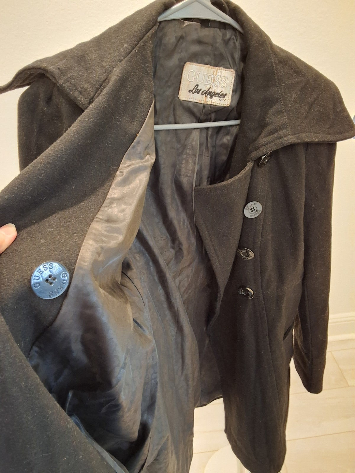Guess Black Double Breasted Peacoat Wide Shawl Collar Fitted Wool Blend S 2000s