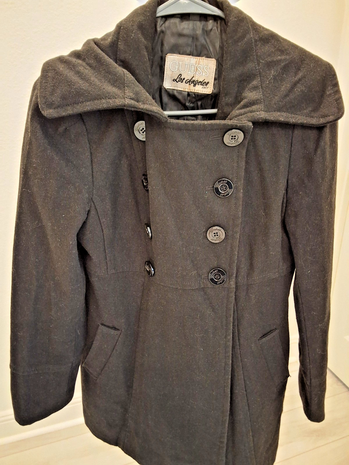 Guess Black Double Breasted Peacoat Wide Shawl Collar Fitted Wool Blend S 2000s
