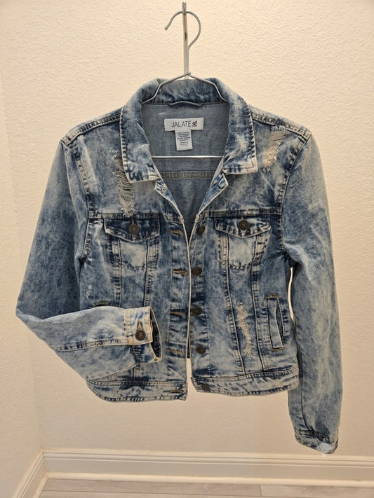 Jalate XL Vintage Blue Acid Wash Distressed Denim Jacket Women Shrunken Crop