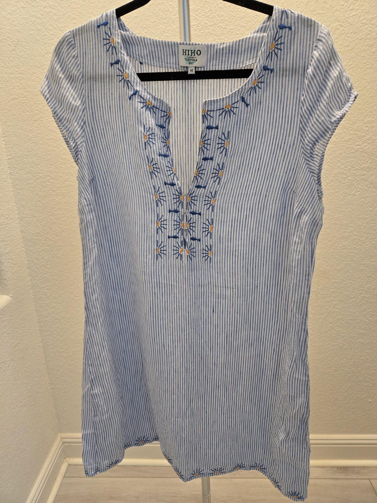 HIHO Tortola BVI Medium Striped Linen Embroidered Tunic Shift Rachel Dress
