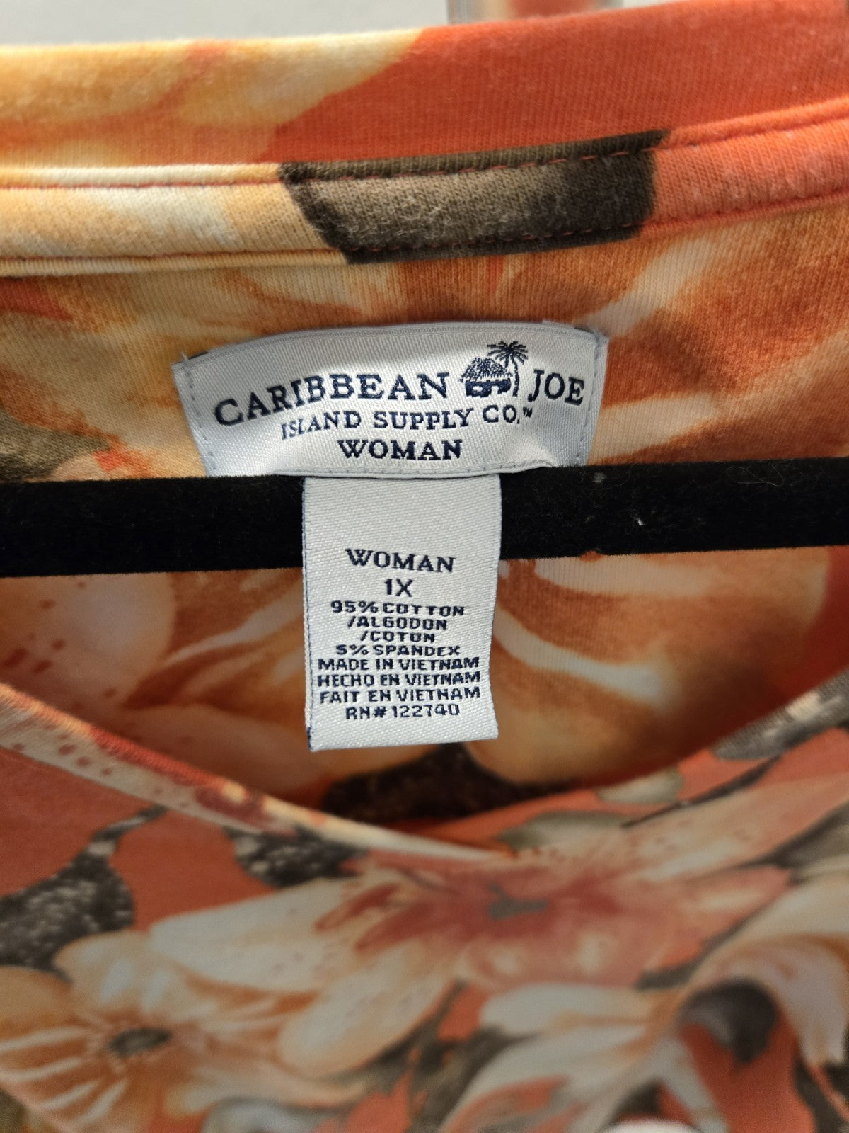 Caribbean Joe 1X Orange Tropical Floral Tunic Top Ruched Side Drawstring V-Neck