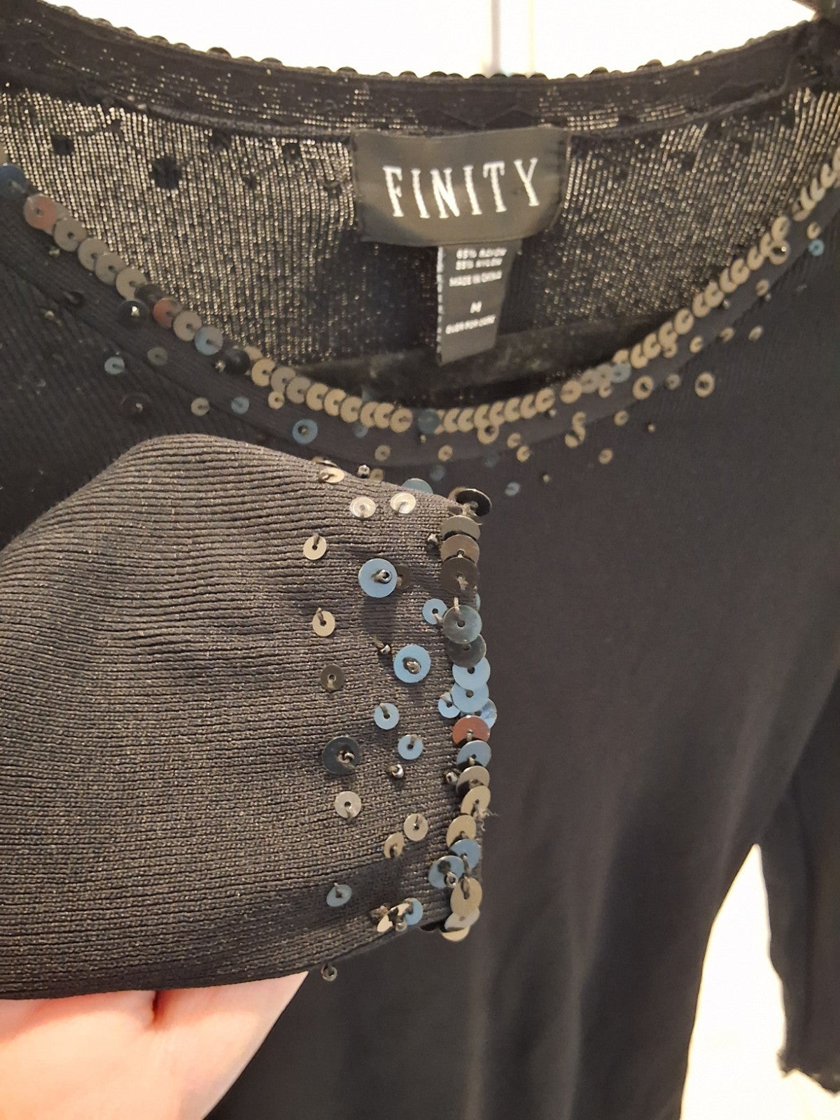 FINITY Size M Vintage Black 3/4 Sleeve Stretchy Top Sequin Neckline Womens Glam