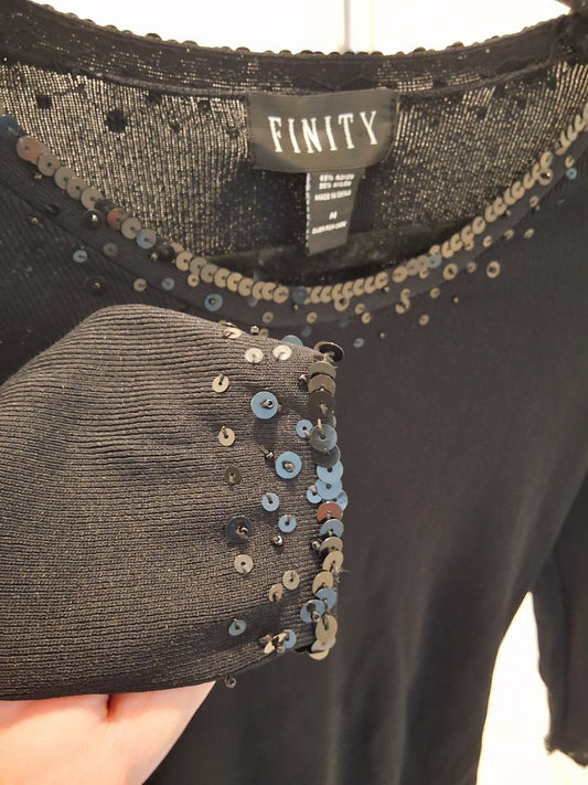 FINITY Size M Vintage Black 3/4 Sleeve Stretchy Top Sequin Neckline Womens Glam