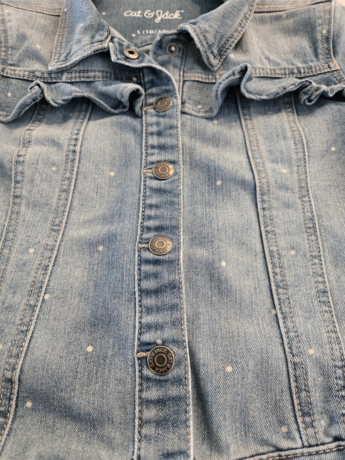 Cat & Jack L 10/12 Polka Dot Ruffle Denim Jacket Kids Girls Blue Jean Trucker